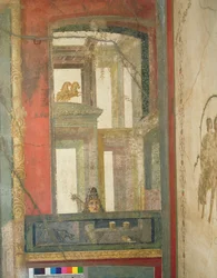 Fantastische Architektur mit zwei Pferden und einer Theatermaske, aus dem Haus der Vettii, ca. 50-79 n. Chr.